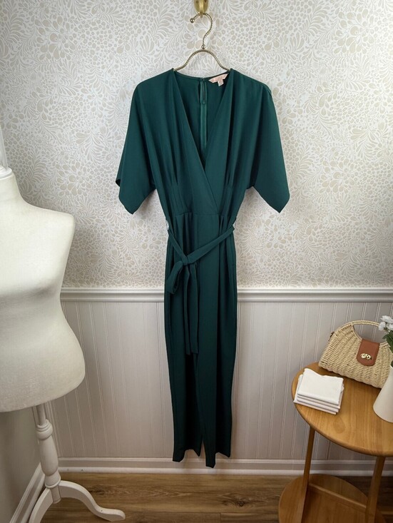 Hutch Pants - Hutch from Anthropologie Dark Green Wrap-Front V-Neck Belted Jumpsuit - Size - 6